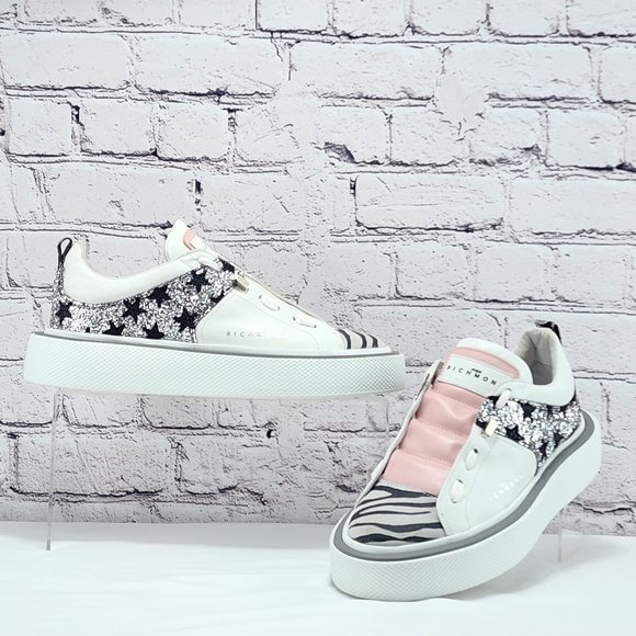 JOHN RICHMOND – Sneaker, white/pink, silver/black shimmer, size 9.5/40 - Picture 1 of 14